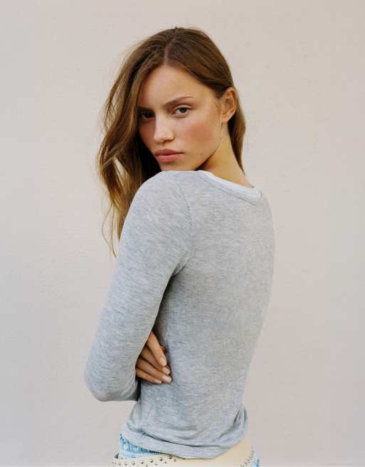 Pull&Bear T-shirt a doppio strato con bottoni grigio mélange, 2 di 7