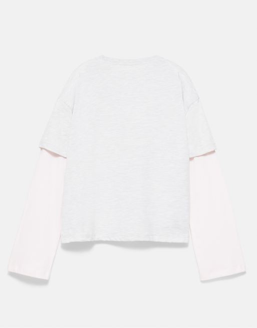 Pull&Bear t-shirt à double manche avec slogan en gris pâle, 6 de 6