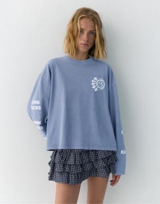 Pull & Bear - T-shirt à imprimé Blink 182 - Bleu décoloré L