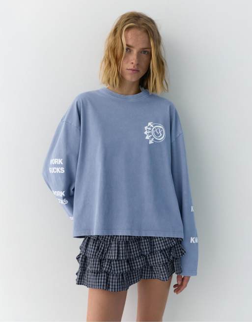 Pull&Bear - T-shirt à imprimé Blink 182 - Bleu décoloré