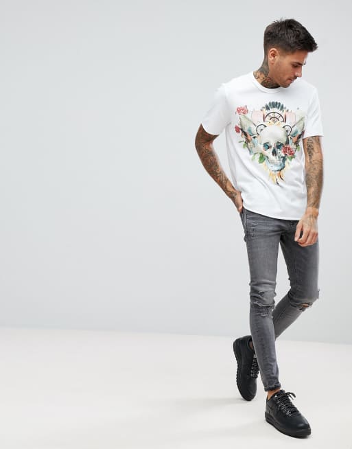 Pull&Bear - T-shirt à imprimé crâne - Blanc