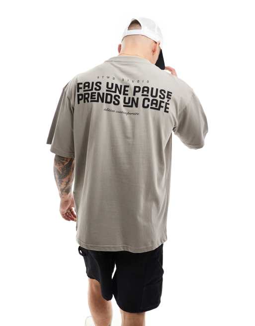Pull&Bear - T-shirt à imprimé « Fais une Pause » - Gris
