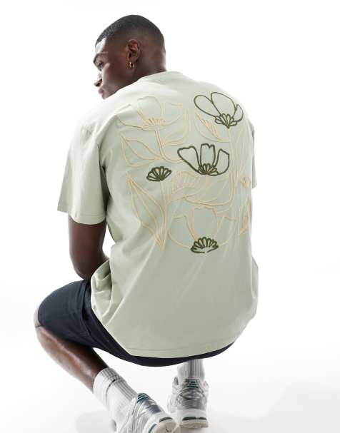 Pull&Bear - T-shirt à imprimé fleurs au dos - Vert sauge - view 1