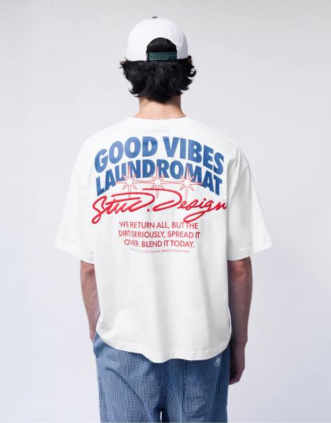 Pull&Bear - T-shirt à imprimé graphique Laundromat - Blanc - view 1