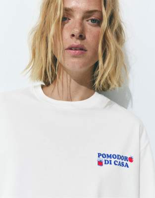Pull & Bear - T-shirt à imprimé Pomodoro - Blanc givré M