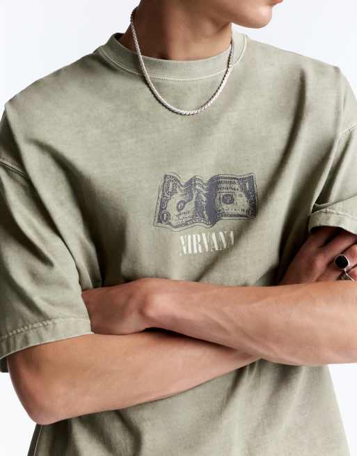 Pull&Bear - T-shirt à logo Nirvana - Kaki, 3 de 4