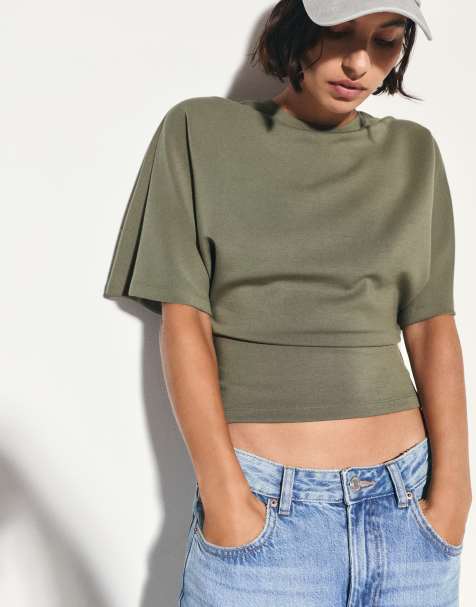 Pull&Bear t-shirt à manches chauve-souris en modal kaki - view 1