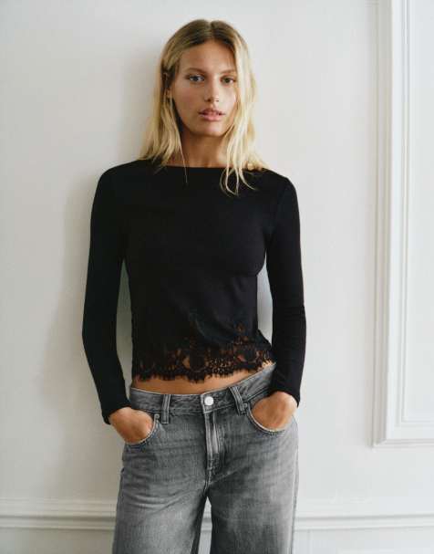 Pull&Bear t-shirt à manches longues avec ourlet en dentelle noir - view 1