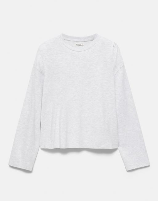 Pull&Bear t-shirt à manches longues coupe carrée gris chiné, 5 de 7