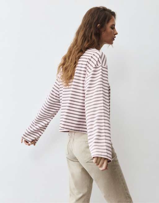 Pull&Bear t-shirt à manches longues coupe carrée marron, 2 de 7