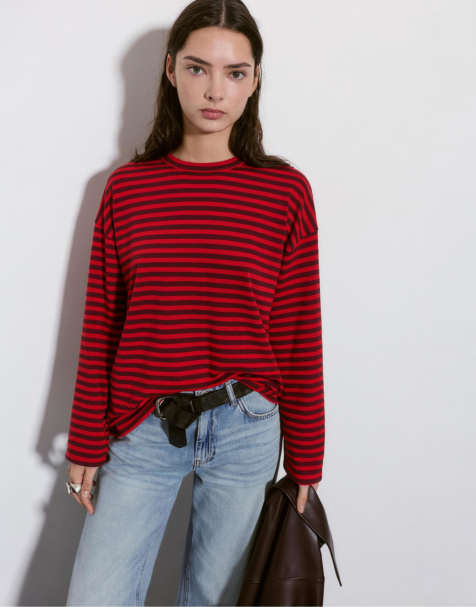 Pull&Bear - T-shirt à manches longues rayé - Rougeâtre - view 1