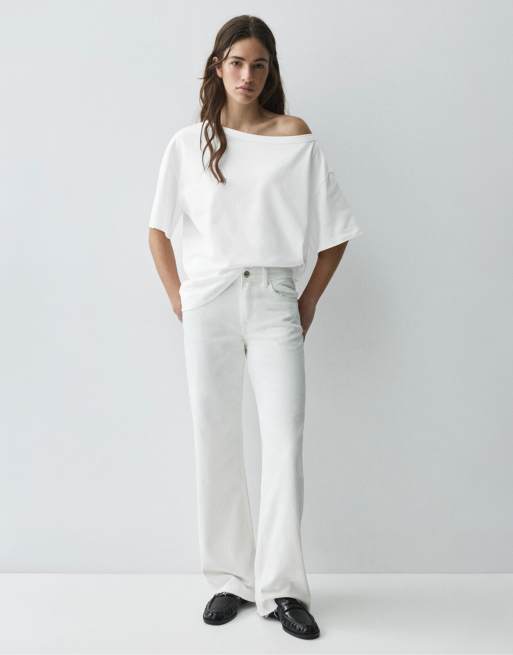 Pull&Bear - T-shirt a maniche corte asimmetrica bianca, 4 di 7