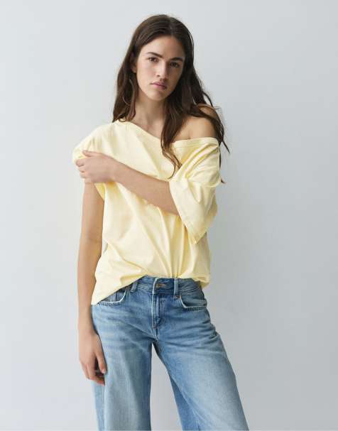 Pull&Bear - T-shirt a maniche corte asimmetrica gialla - view 1