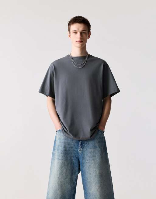 Pull&Bear - T-shirt a maniche corte basic in cotone color grigio-blu