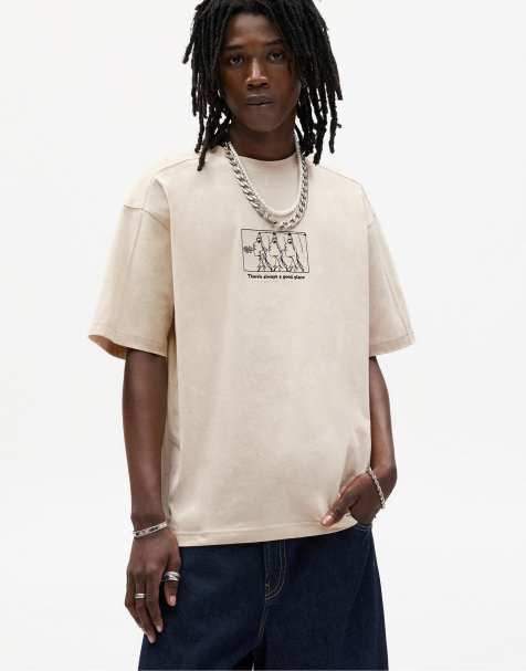 Pull&Bear - T-shirt a maniche corte color sabbia con ricamo - view 1
