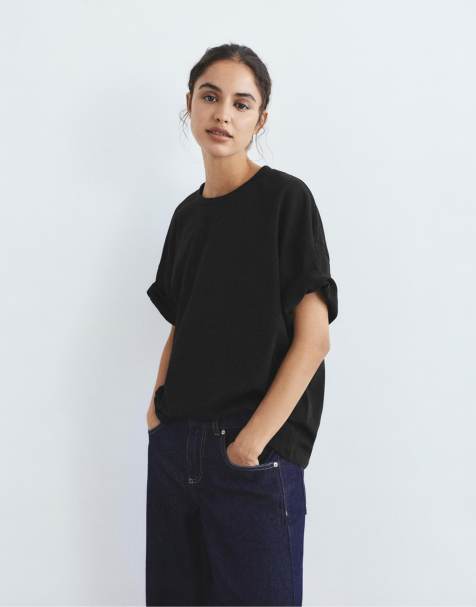 Pull&Bear - T-shirt a maniche corte oversize nera a righe - view 1