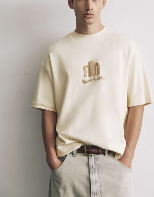 Pull&Bear - T-shirt a maniche corte pesante color sabbia con grafica