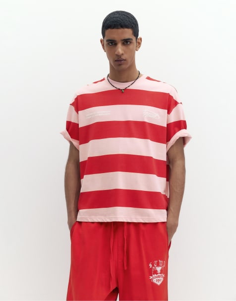 Pull&Bear - T-shirt a maniche corte rosa a righe - view 1