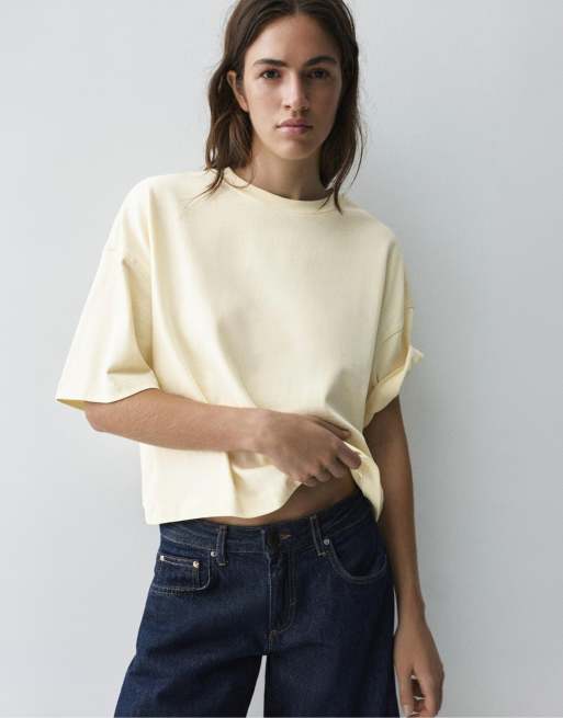 Pull&Bear - T-shirt a maniche corte squadrata color vaniglia