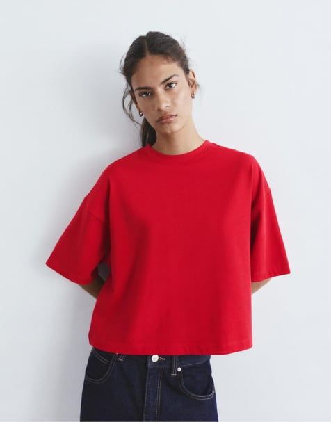 Pull&Bear - T-shirt a maniche corte squadrata rossa - view 1