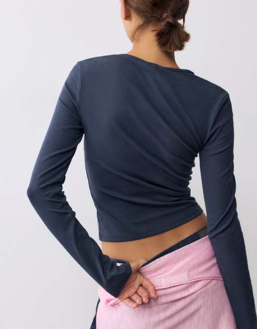 Pull&Bear - T-shirt a maniche lunghe aderente blu navy, 2 di 7