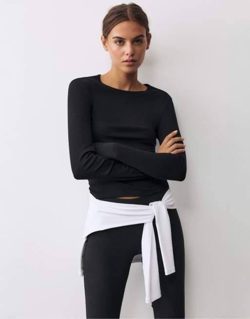 Pull&Bear - T-shirt a maniche lunghe aderente nera, 4 di 7