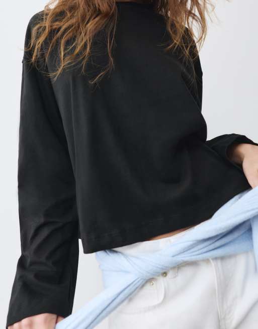 Pull&Bear T-shirt a maniche lunghe boxy fit nera, 3 di 7