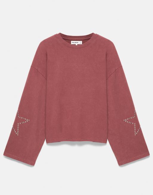Pull&Bear T-shirt a maniche lunghe con borchie a stella bordeaux, 5 di 7