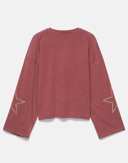 Pull&Bear T-shirt a maniche lunghe con borchie a stella bordeaux, 7 di 7