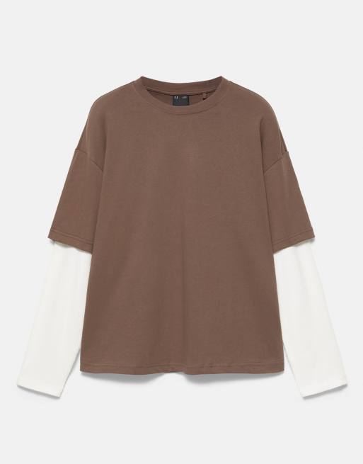 Pull&Bear T-shirt a maniche lunghe doppia in marrone, 5 di 7