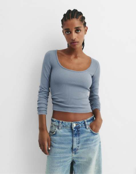 Pull&Bear - T-shirt a maniche lunghe grigio blu a coste - view 1