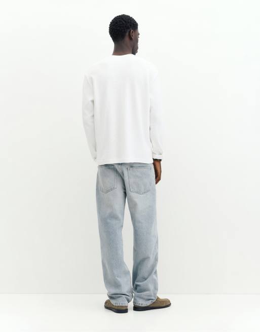Pull&Bear t-shirt a maniche lunghe in tessuto piqué bianca, 2 di 7