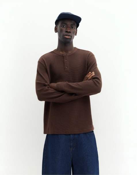 Pull&Bear t-shirt a maniche lunghe in tessuto piqué marrone - view 1