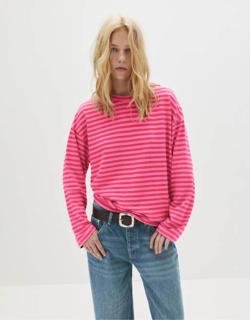 Pull&Bear - T-shirt a maniche lunghe rosa a righe