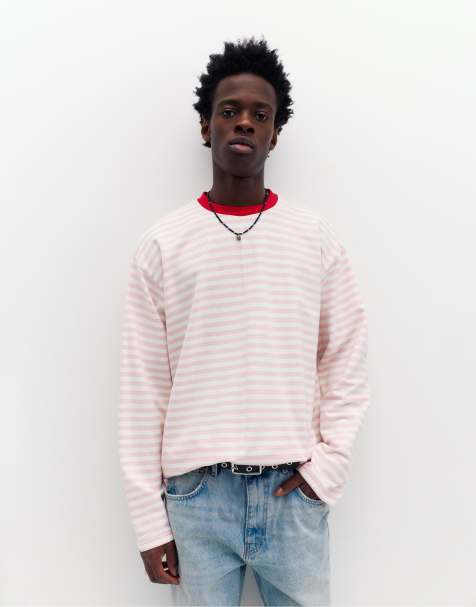 Pull&Bear - T-shirt a maniche lunghe rosa a righe - view 1