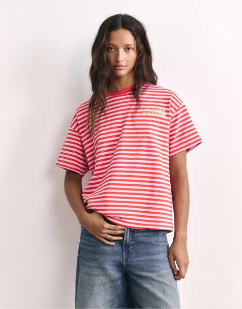 Pull&Bear t-shirt à rayures avec texte rouge - view 1