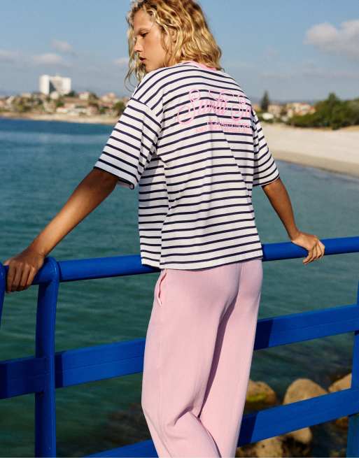 Pull&Bear T-shirt a righe in tessuto a coste navy, 2 di 7