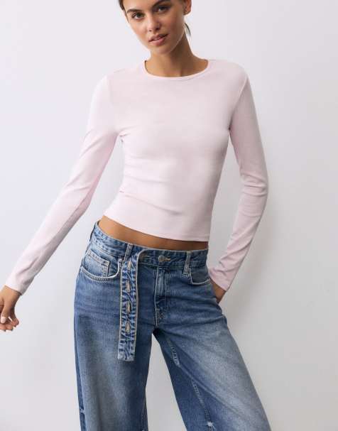 Pull&Bear T-shirt aderente a maniche lunghe rosa - view 1