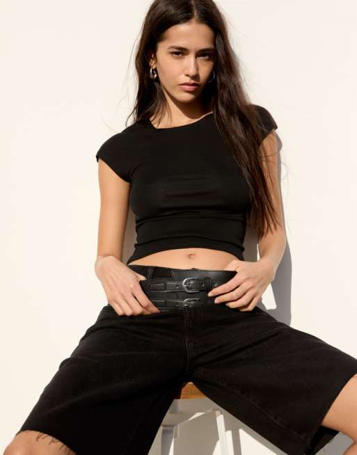 Pull&Bear T-shirt aderente con maniche a cappuccio nera, 6 di 7