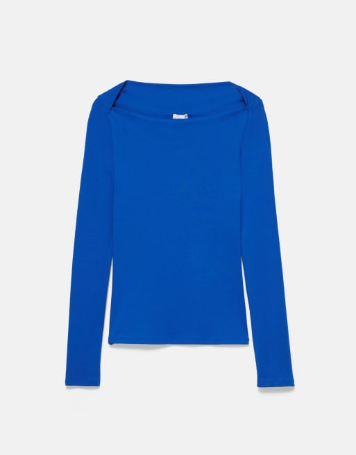 Pull&Bear T-shirt aderente con scollo dritto bluastro, 5 di 7