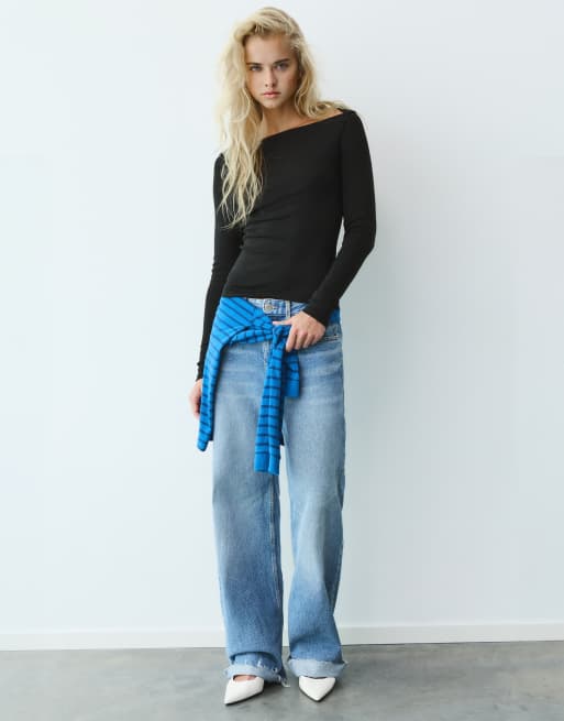 Pull&Bear T-shirt aderente con scollo dritto nera, 4 di 7