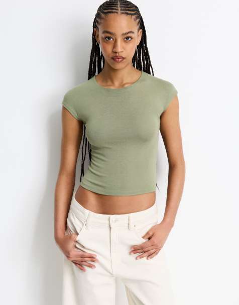 Pull&Bear - T-shirt aderente kaki pallido con maniche svasate - view 1
