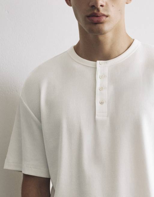 Pull&Bear - T-shirt ajusté à col tunisien - Blanc, 3 de 4