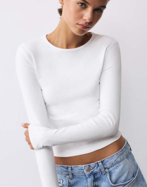 Pull&Bear t-shirt ajusté à manches longues en blanc, 5 de 7