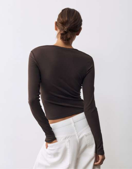 Pull&Bear - T-shirt ajusté à manches longues - Marron, 2 de 7