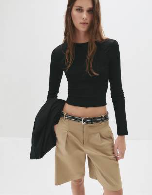 Pull & Bear - T-shirt ajusté à manches longues - Noir L