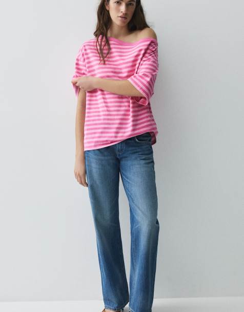 Pull&Bear - T-shirt asimmetrica a maniche corte rosa - view 1