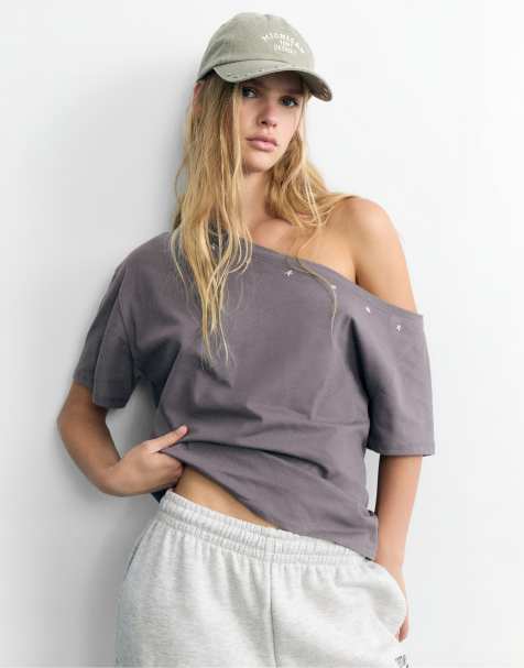 Pull&Bear T-shirt asimmetrica con stella grigia/blu - view 1