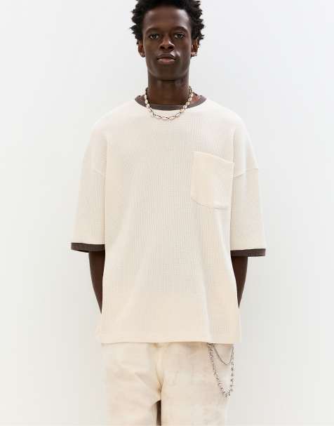 Pull&Bear – T-Shirt aus Rippstrick in Beige mit Waffelstruktur - view 1