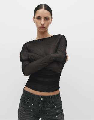 Pull & Bear - T-Shirt aus Tüll in Schwarz mit Strass-Schriftzug